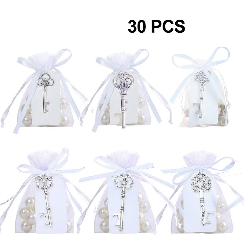 Bodosac 30 Pcs Silver Rustic Vintage Key Bottle Opener with Sheer Bag Card Tag for Wedding Favors Party decor 6 Style - Image 2